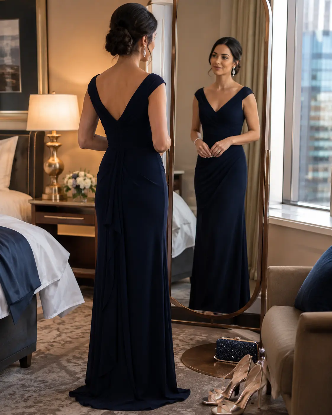 Wedding guest checking the fit of a navy black-tie gown