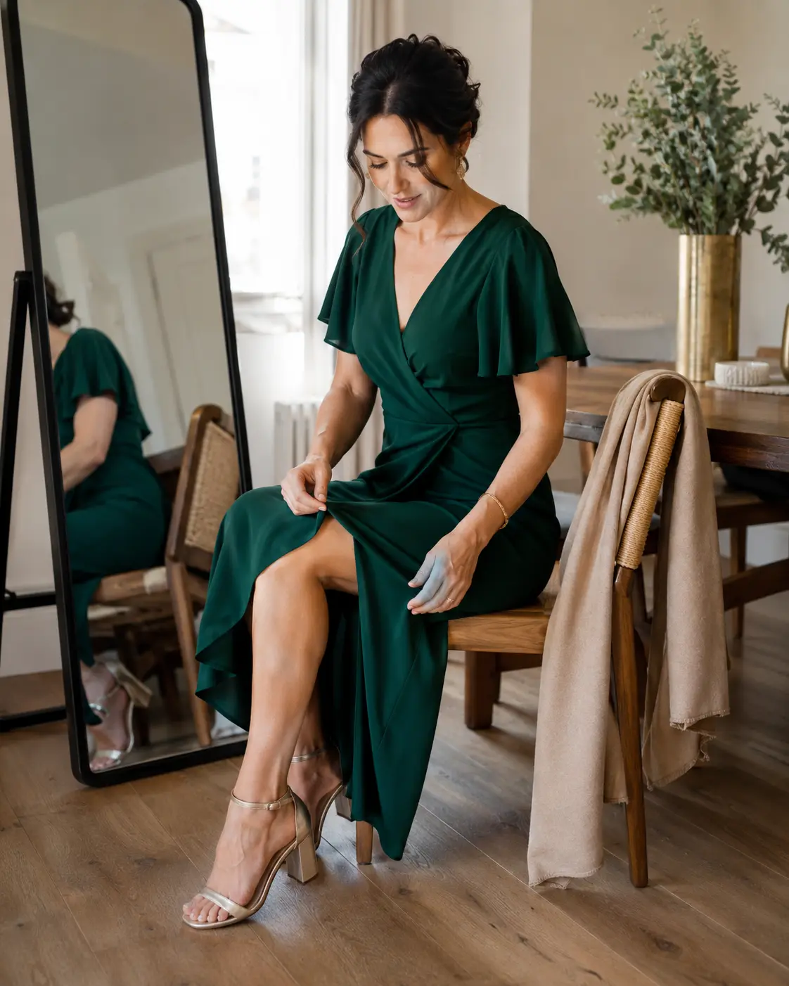 Wedding guest testing the comfort of an emerald midi dress
