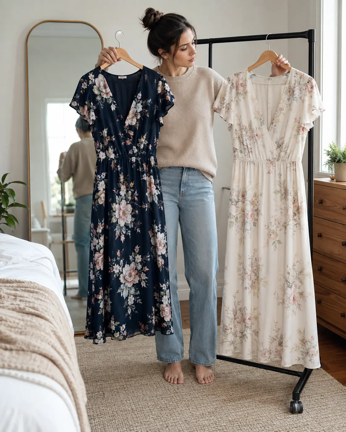 Comparison of navy and white floral wedding guest dresses Comparison of navy and white floral wedding guest dresses
