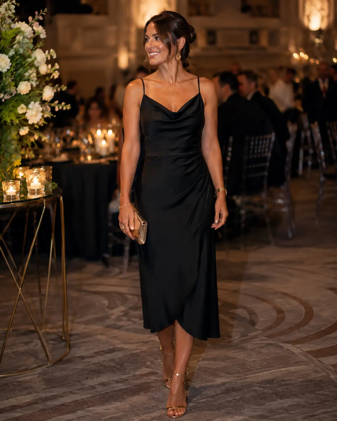 Guest wearing an elegant black dress at an evening wedding Guest wearing an elegant black dress at an evening wedding