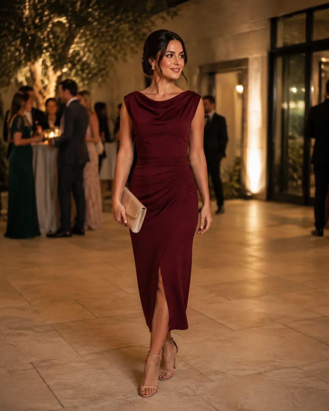 Guest wearing a tasteful burgundy dress at an evening wedding Guest wearing a tasteful burgundy dress at an evening wedding