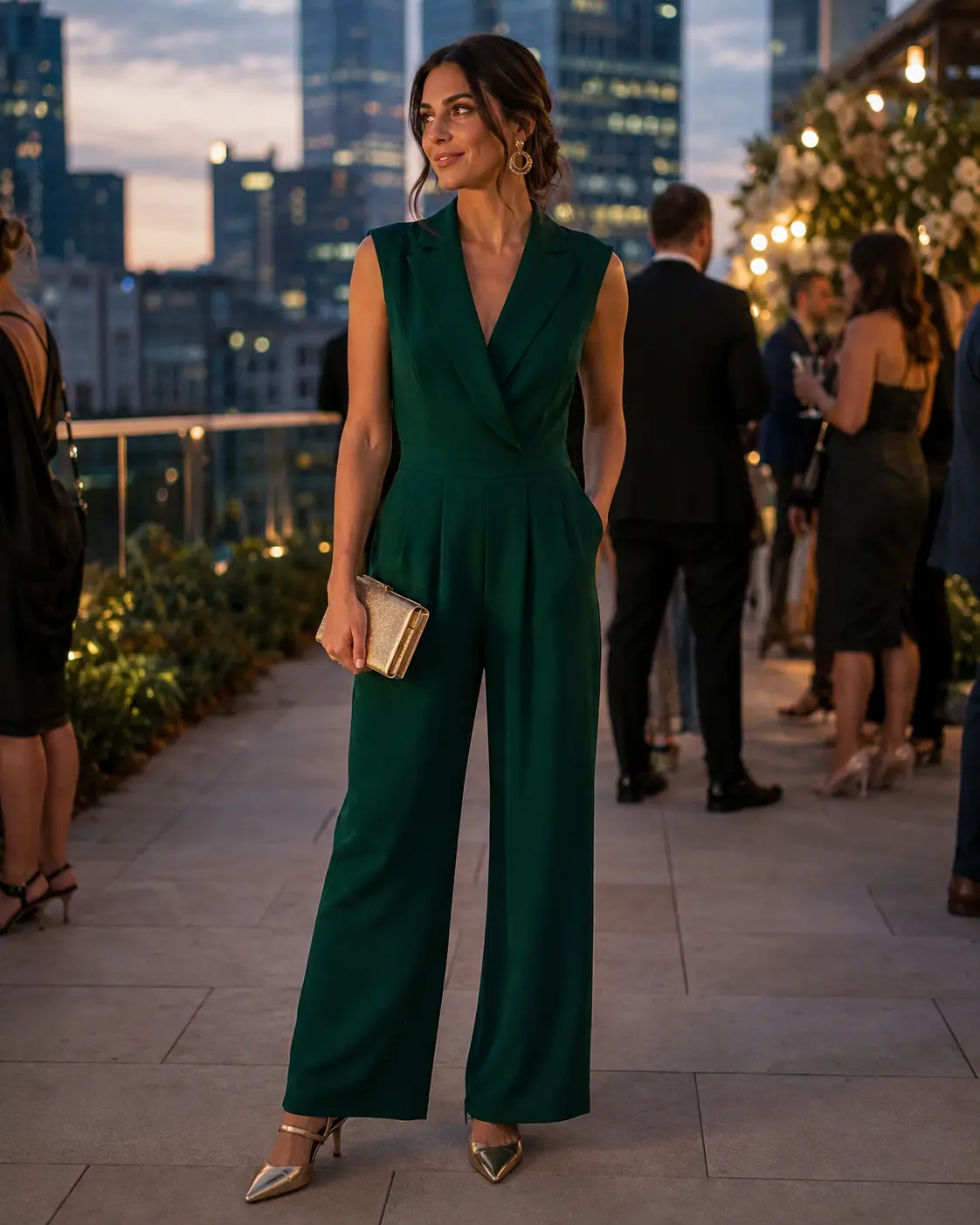 Cocktail jumpsuit Woman wearing an emerald cocktail wedding guest jumpsuit