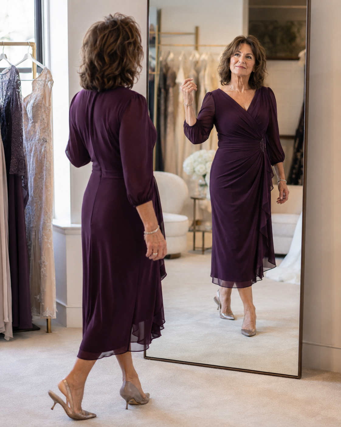 Mother of the bride testing the comfort and movement of her dress