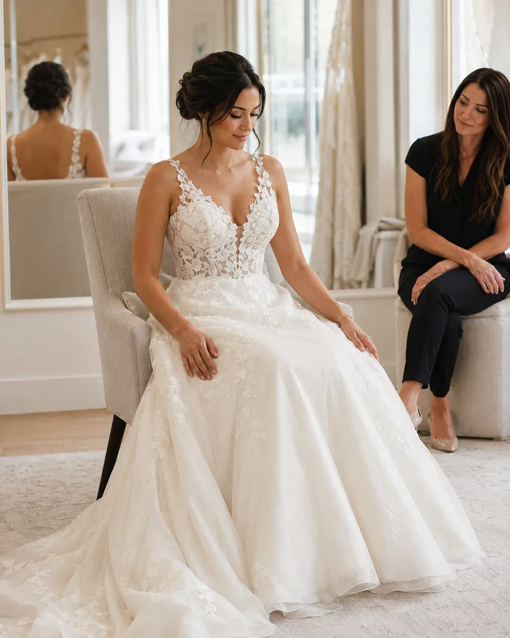 a-line-wedding-dress-sitting-test Bride testing sitting comfort in an A-line wedding dress