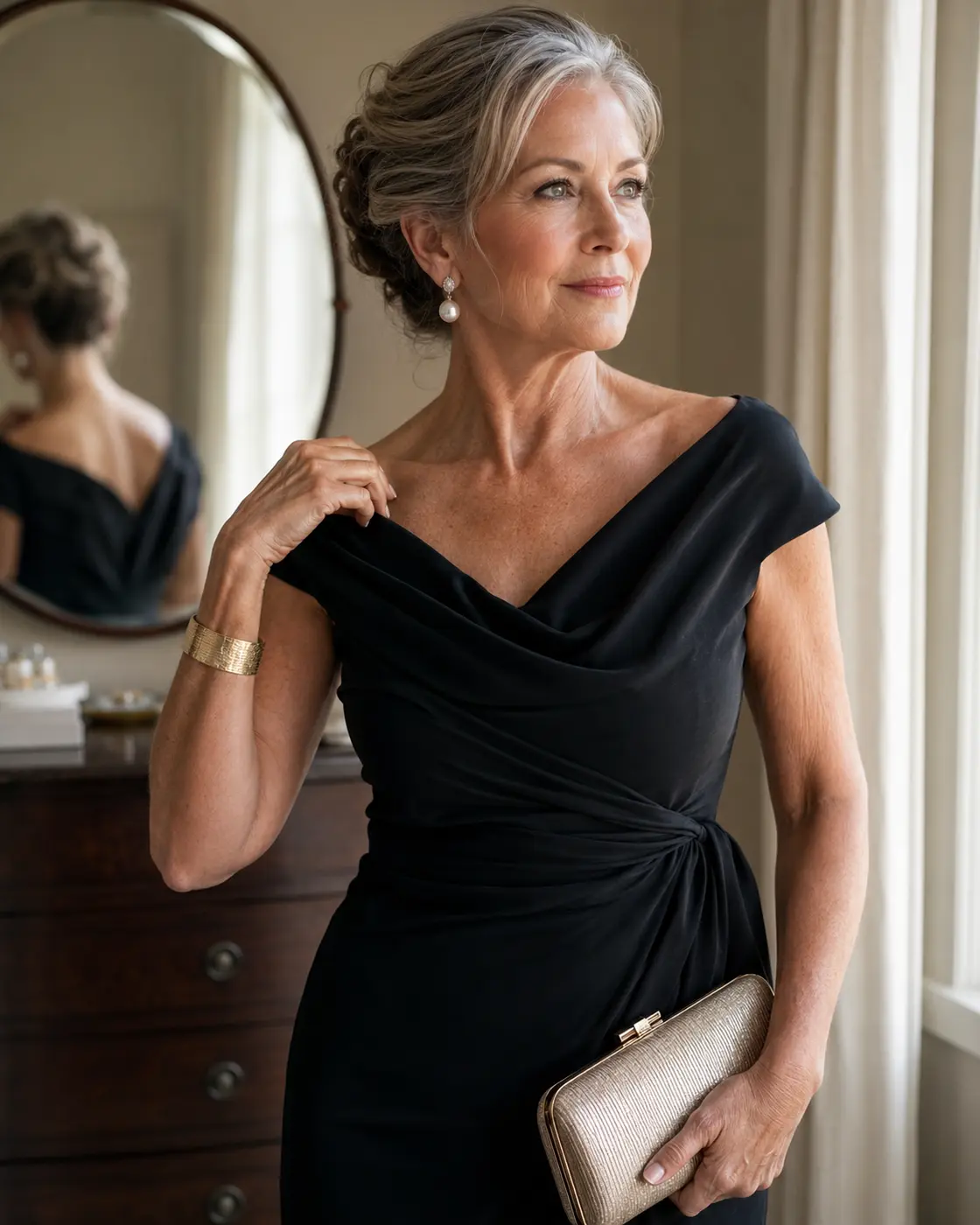 black-mother-dress-accessories Mother styling a black formal dress with pearl earrings and a metallic clutch