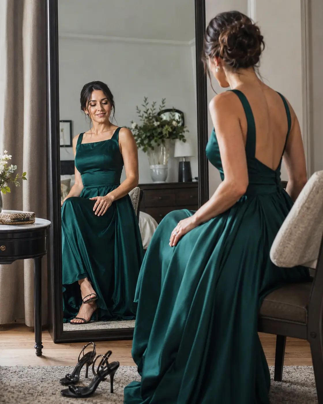 Wedding guest testing the comfort of an emerald evening gown