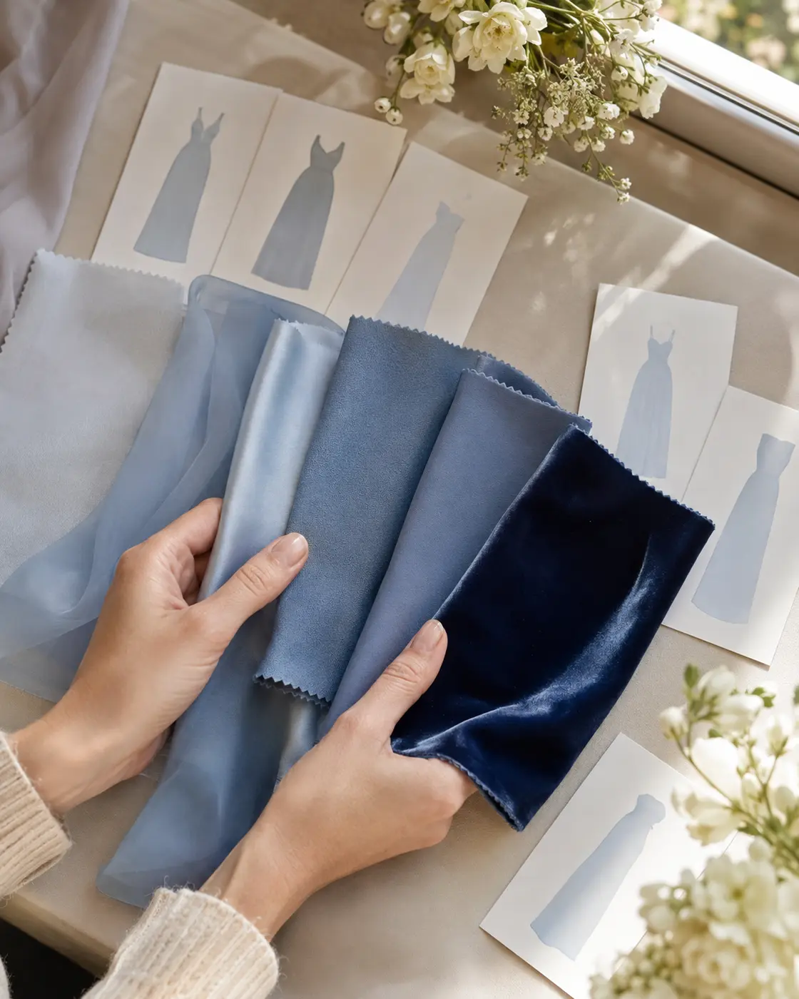 blue-bridesmaid-fabric-swatches Blue bridesmaid dress swatches in different shades and fabrics