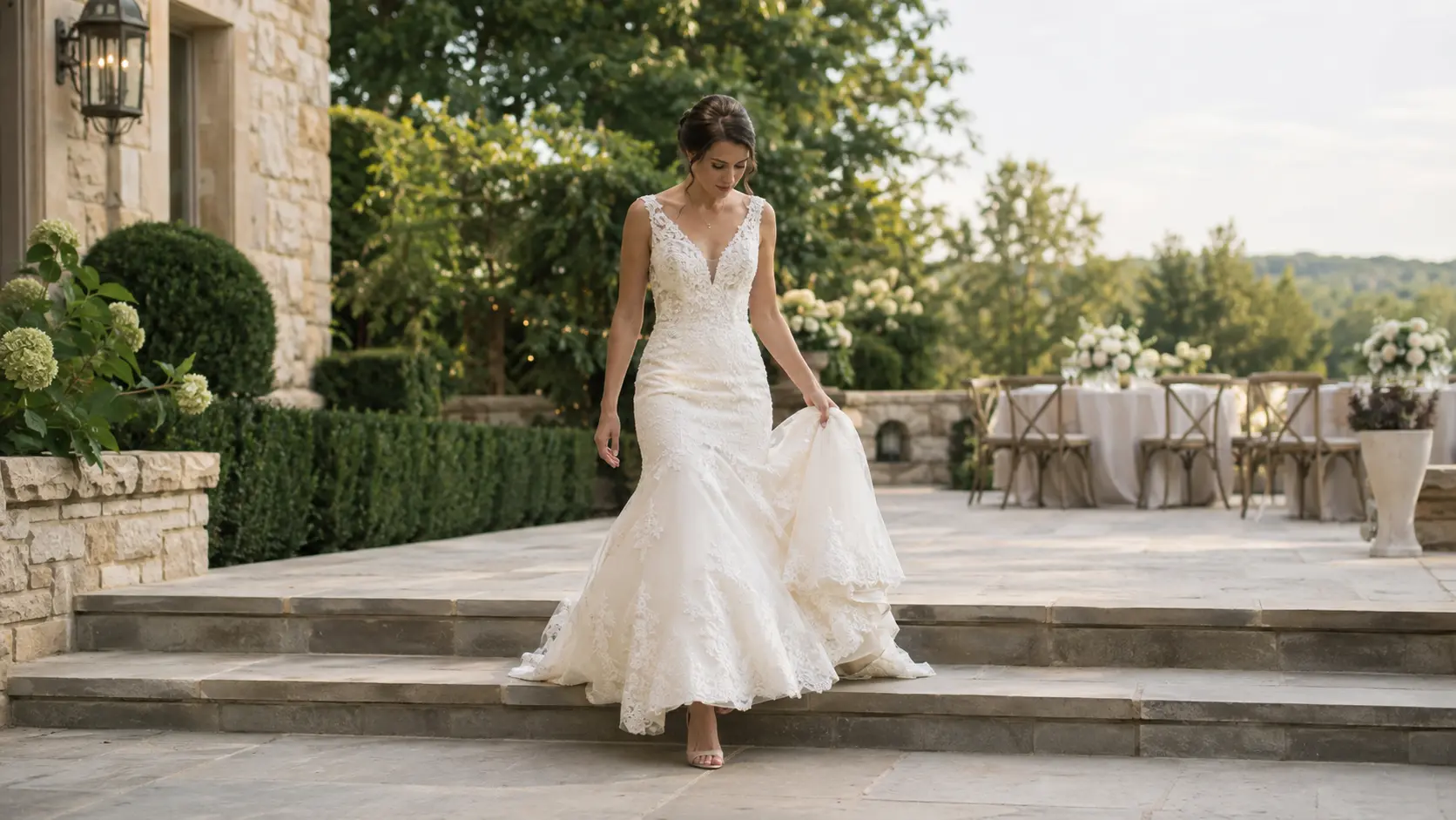 bride-testing-wedding-dress-movement Bride testing wedding dress movement while walking down venue steps