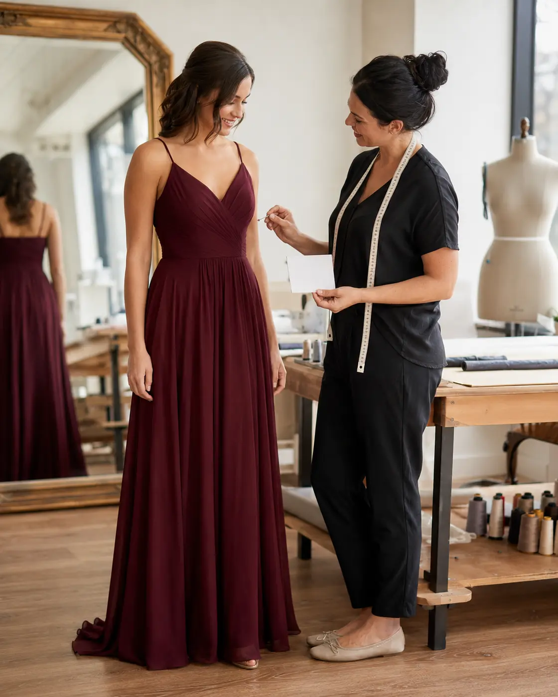bridesmaid-alterations-cost Bridesmaid discussing dress alterations with a seamstress