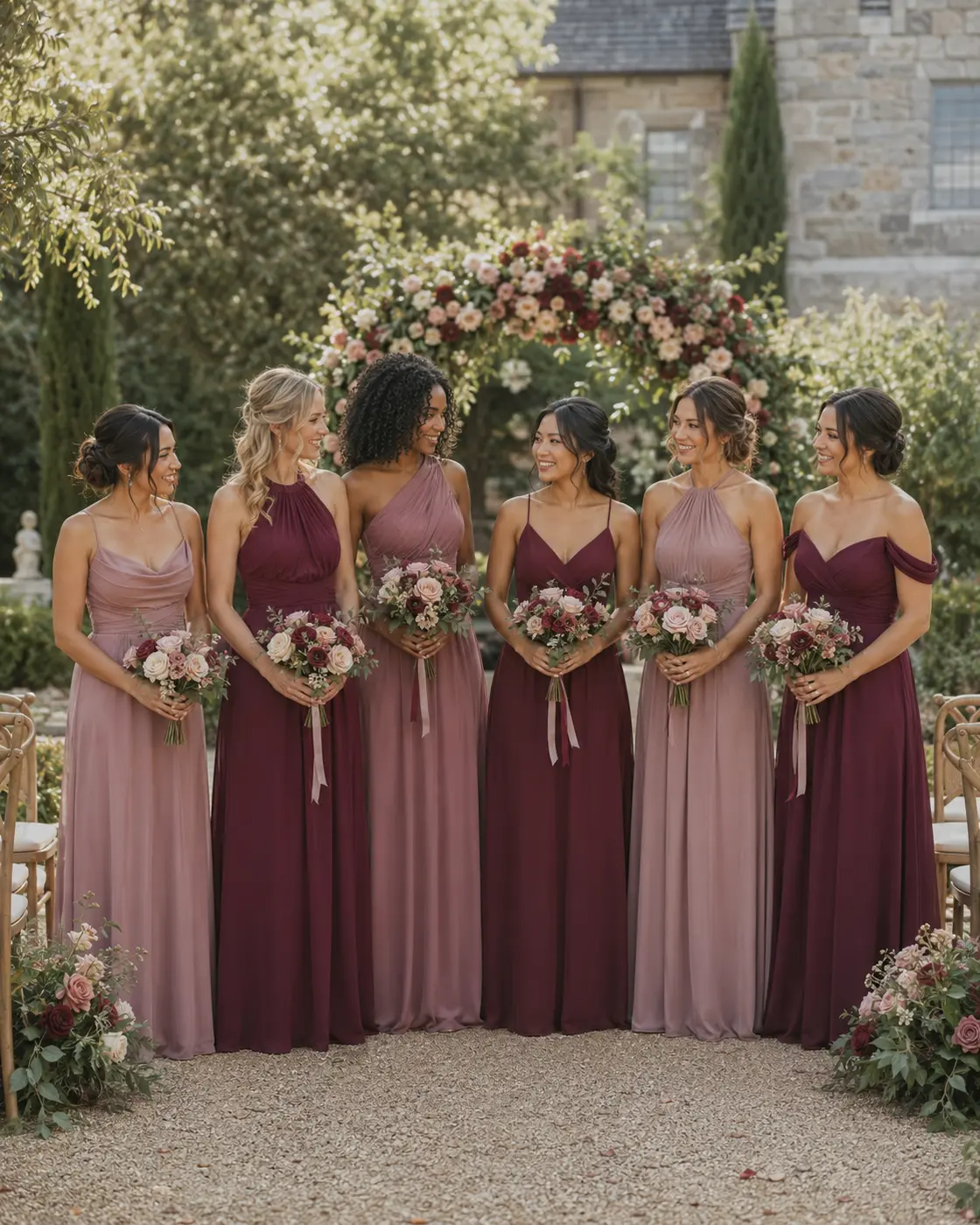 bridesmaid-ceremony-color-order Bridesmaids arranged in a balanced mauve and burgundy color order
