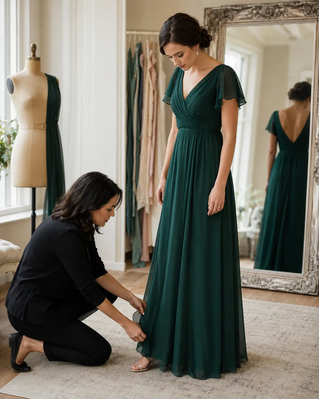 bridesmaid-dress-alterations Seamstress altering the hem of an emerald bridesmaid dress