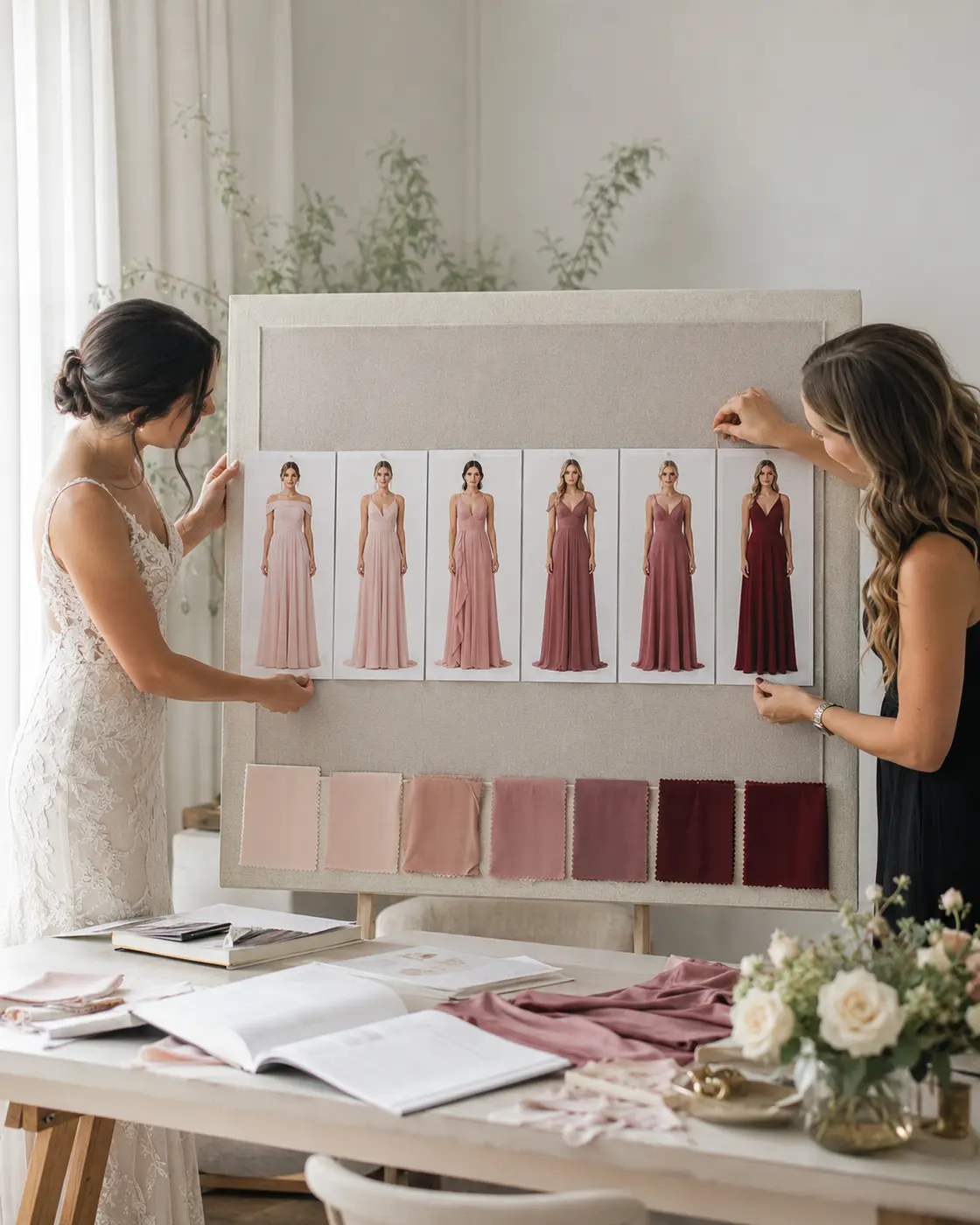 bridesmaid-dress-digital-lineup Bride arranging a coordinated bridesmaid dress color lineup