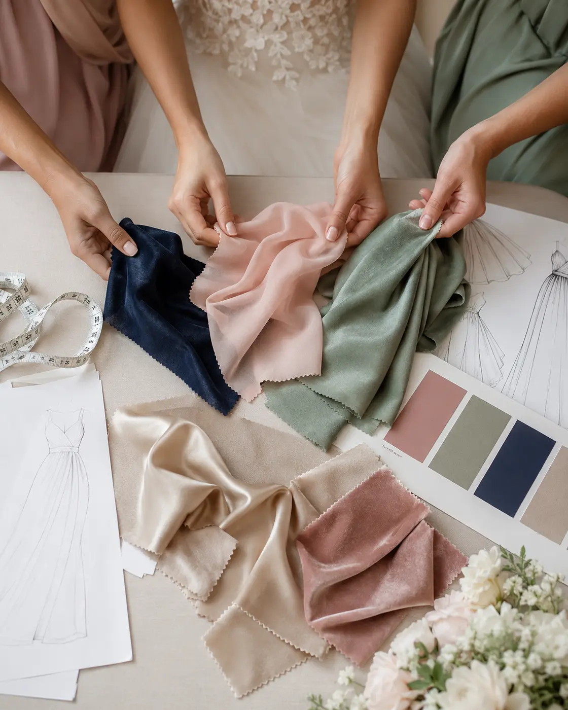 bridesmaid-dress-fabric-swatches Bridesmaid dress fabric and color swatches being compared