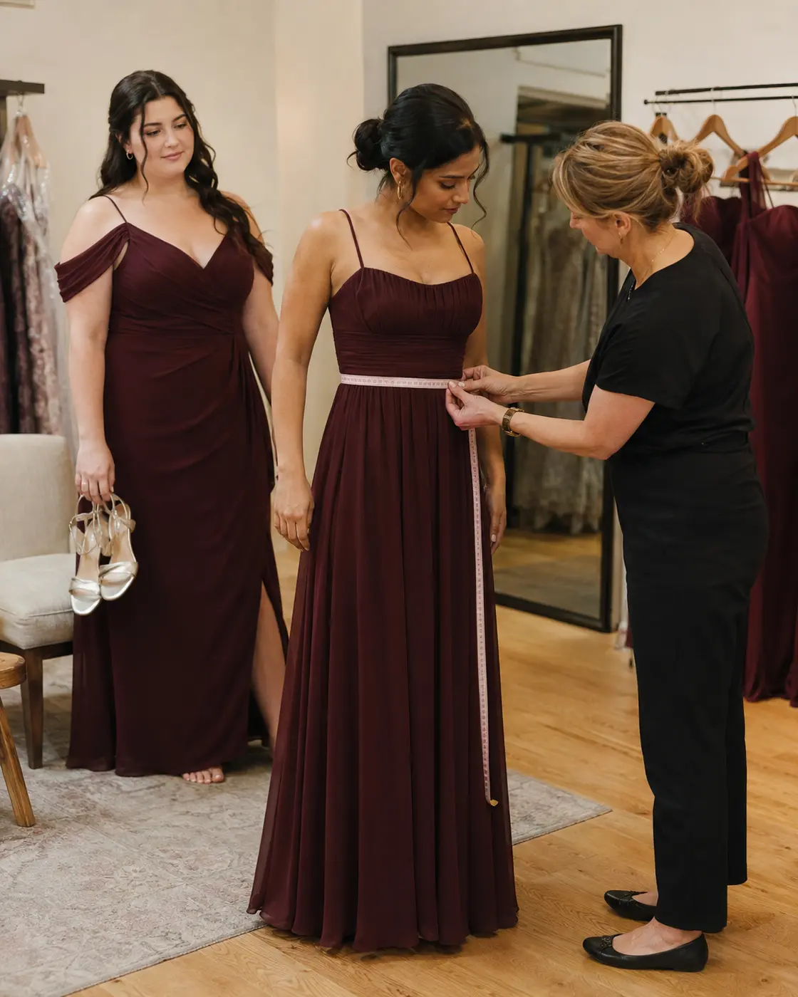 bridesmaid-dress-measurements Bridesmaid being professionally measured for a burgundy dress