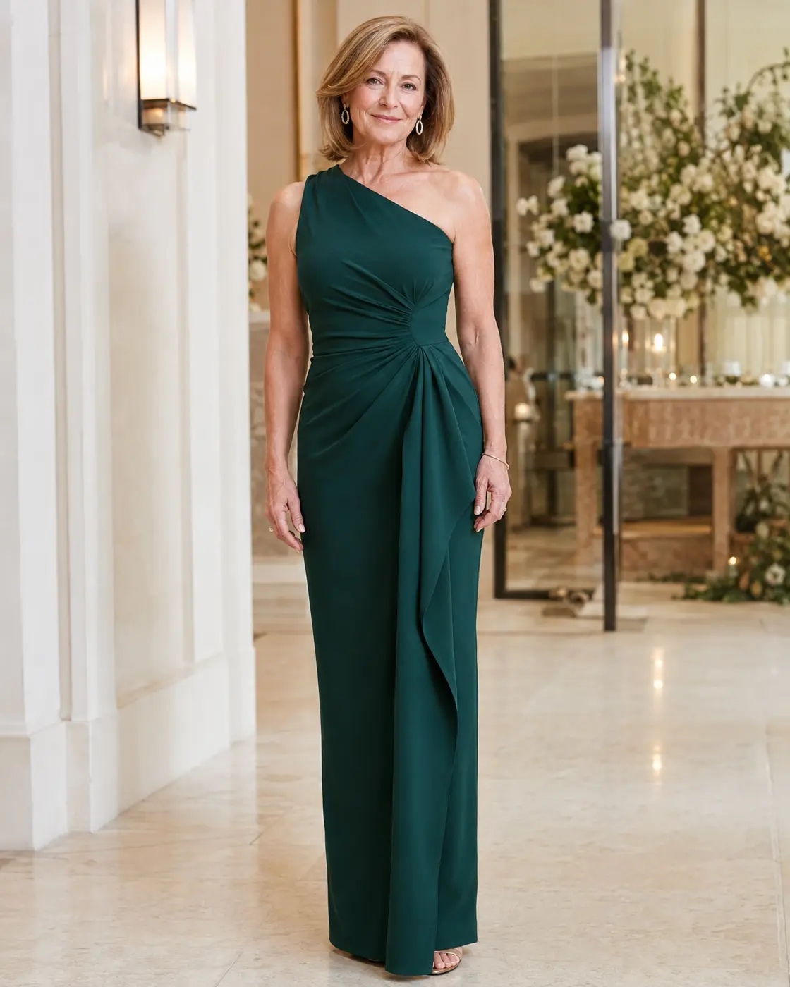 emerald-one-shoulder-modern-gown Modern emerald mother-of-the-bride gown with an asymmetric neckline