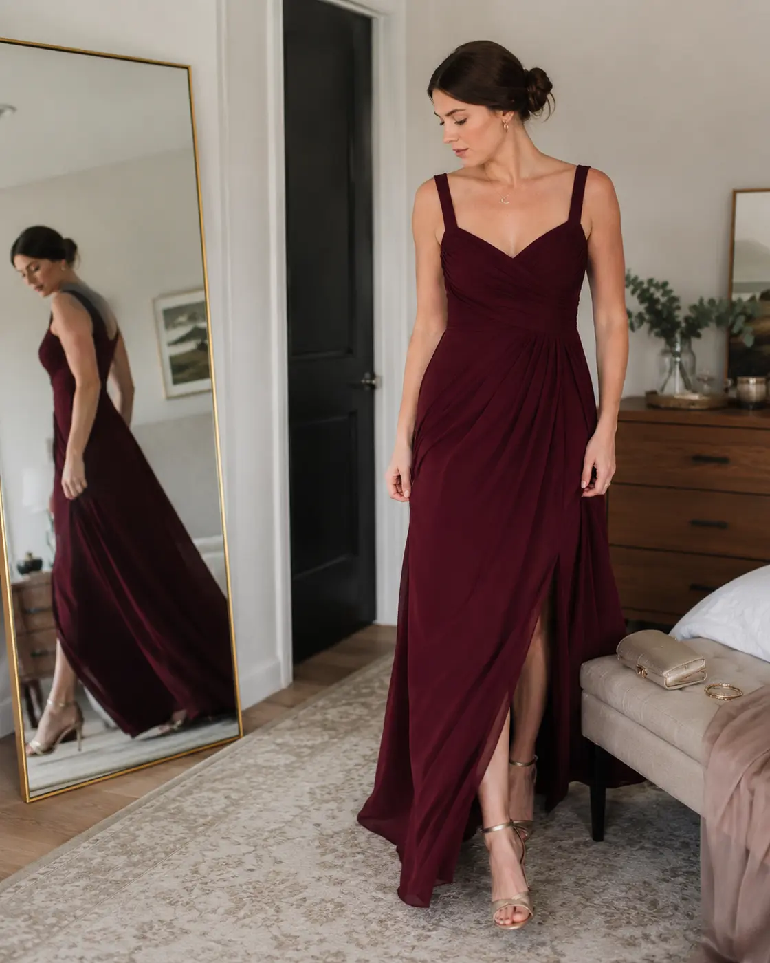 final-bridesmaid-outfit-test Bridesmaid testing her finished burgundy dress and wedding shoes