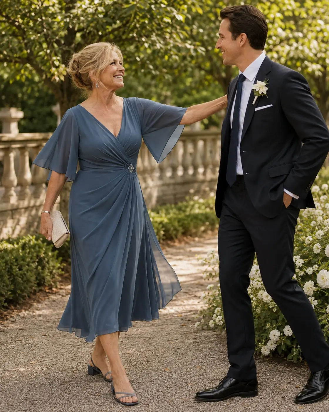 garden-wedding-mother-of-groom-dress Mother of the groom wearing a slate-blue dress at a garden wedding