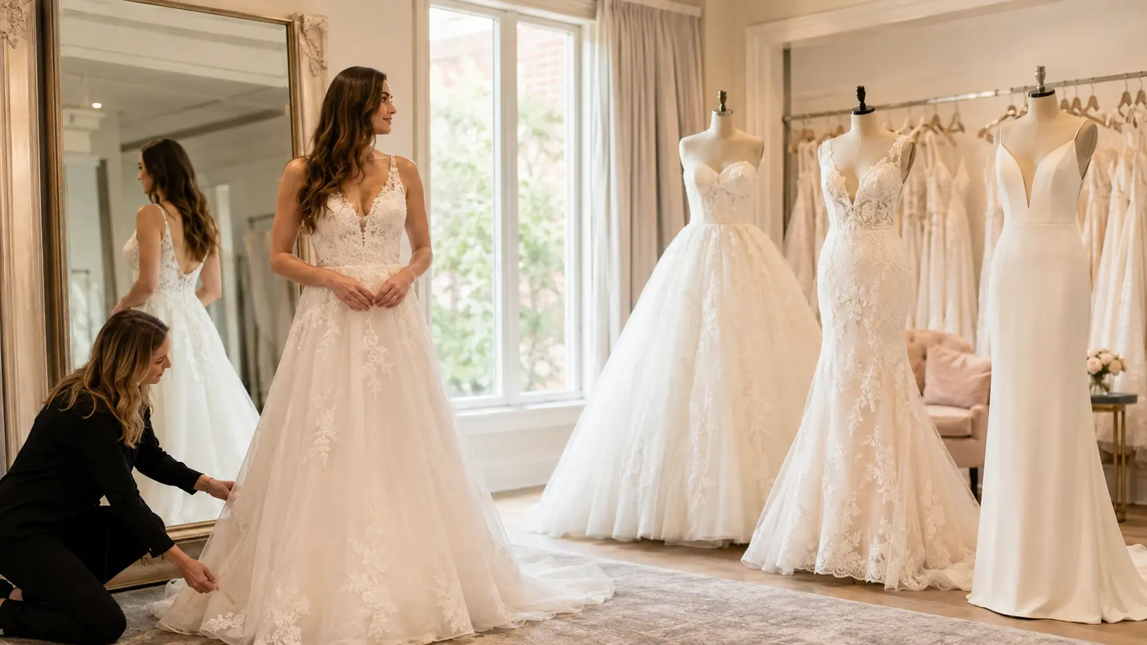 Bride comparing wedding dress silhouettes during a boutique fitting