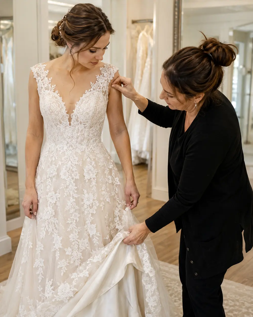 lace-wedding-dress-texture-lining Stylist checking lace texture and wedding dress lining