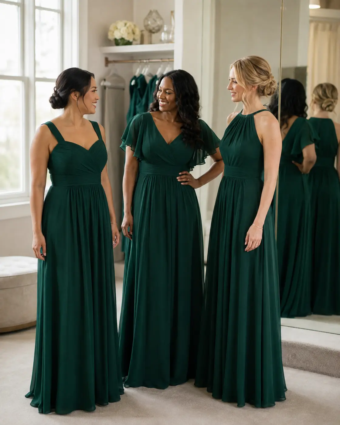 mix-and-match-bridesmaid-dresses Bridesmaids wearing matching emerald dresses with different necklines