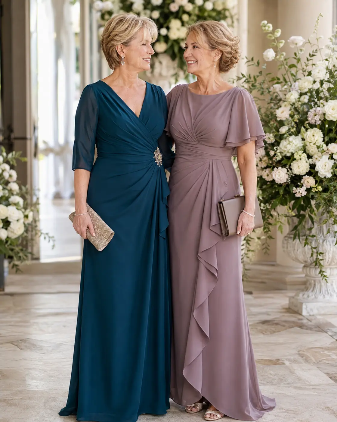 Mothers of the bride and groom wearing coordinated formal outfits
