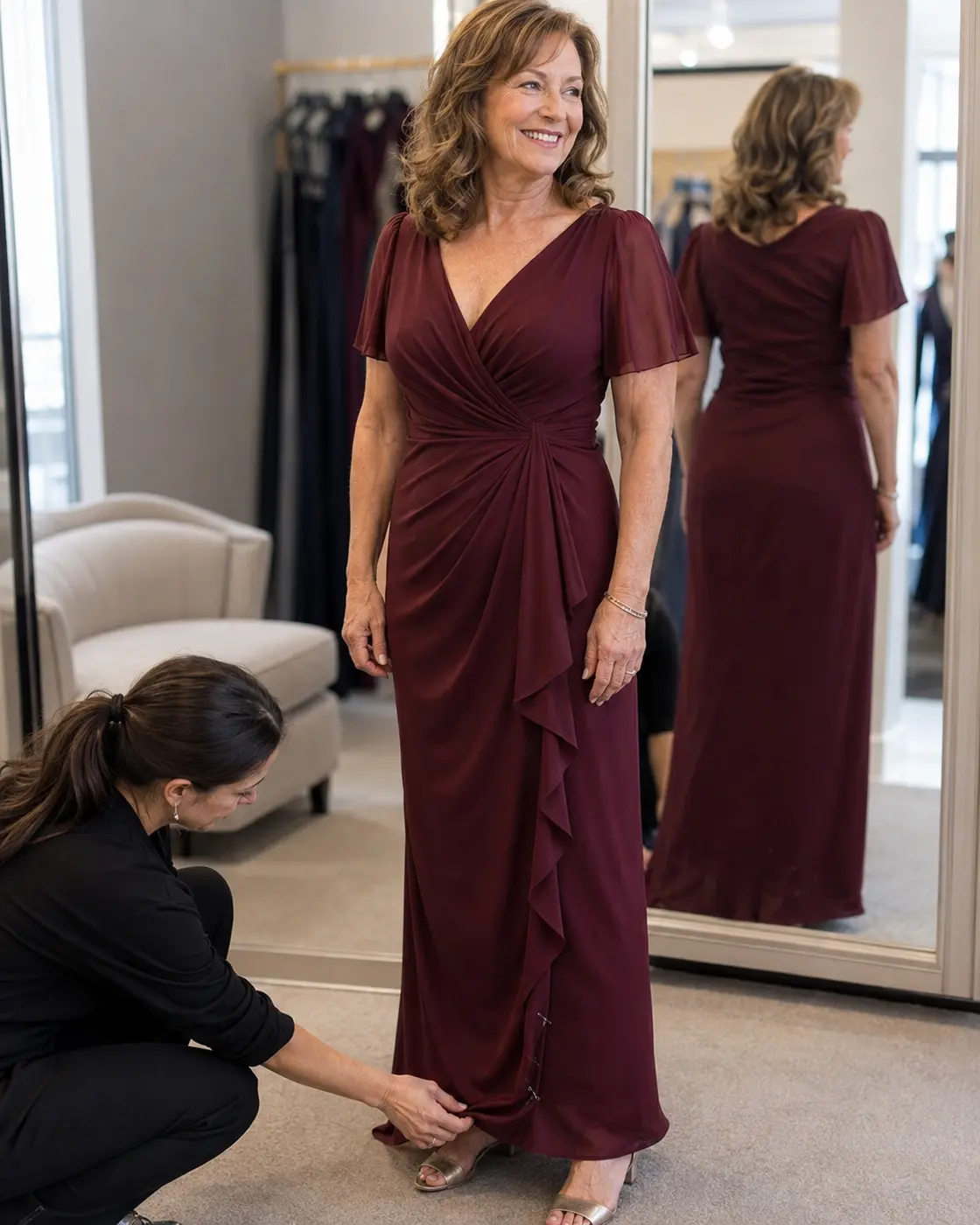 mother-of-groom-dress-alterations Mother of the groom having her burgundy dress altered