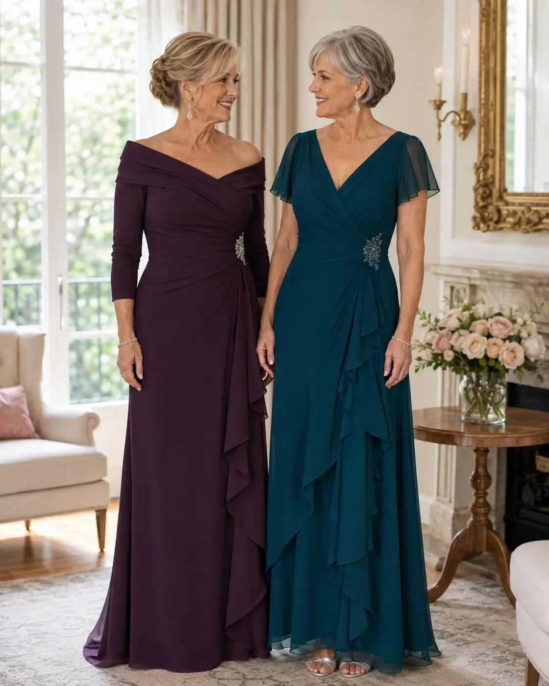 mothers-coordinate-without-matching Mothers of the bride and groom wearing coordinated formal dresses