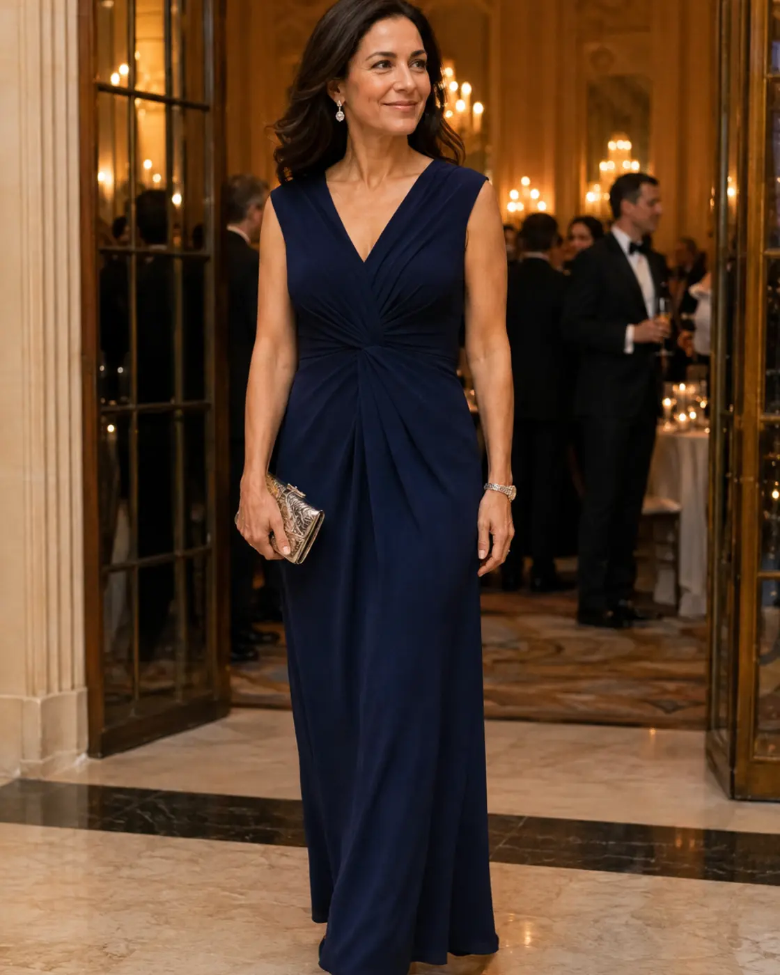 Navy floor-length gown for a black-tie wedding guest
