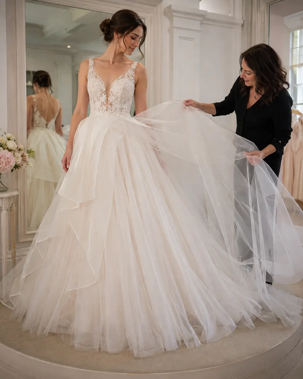 tulle-organza-wedding-dress-layers Stylist showing layered tulle and organza wedding dress fabric