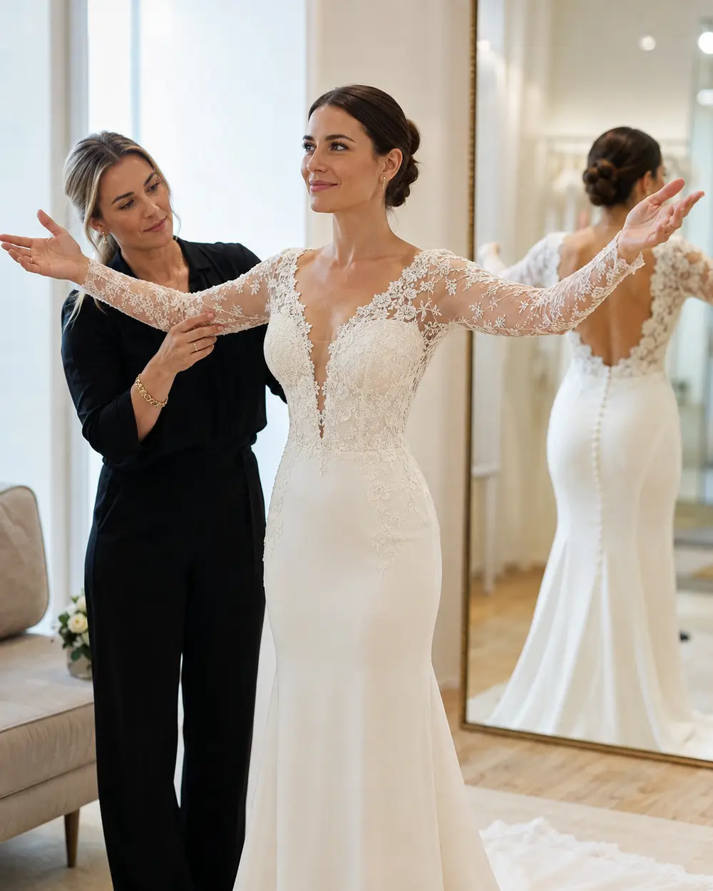 wedding-dress-arm-movement-test Bride testing arm movement in a long-sleeve wedding dress