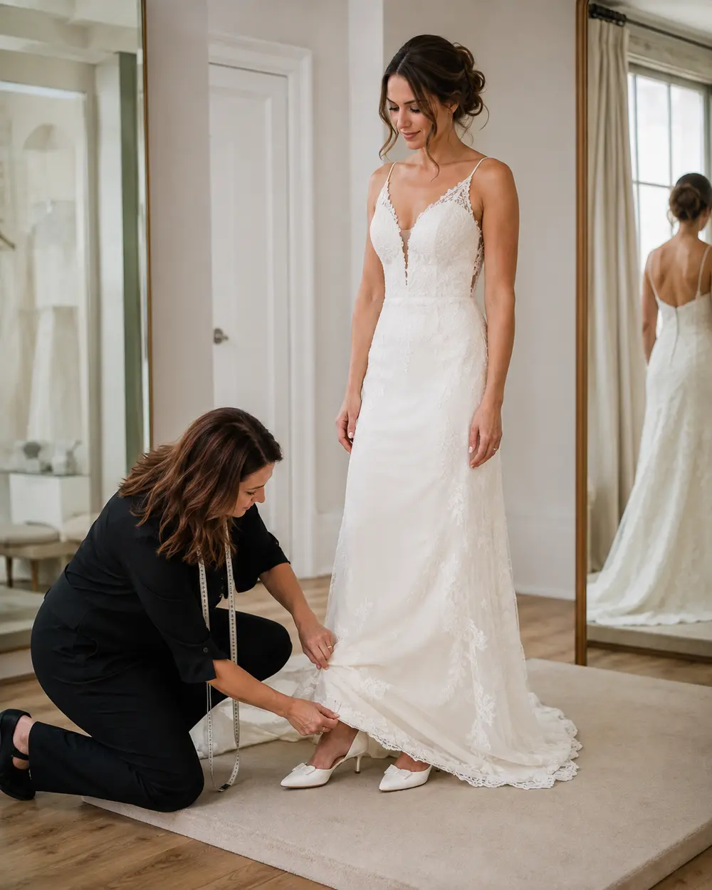 wedding-dress-hem-shoes-fitting Wedding dress hem fitting with the bride’s wedding shoes