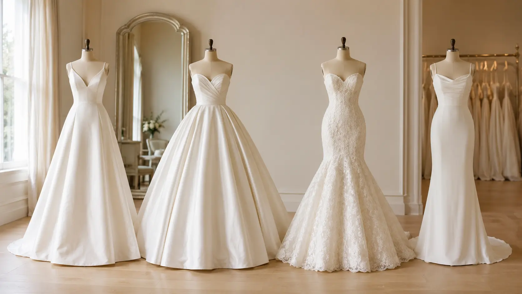 wedding-dress-silhouette-comparison A-line, ball gown, mermaid and sheath wedding dress silhouettes displayed in a bridal boutique