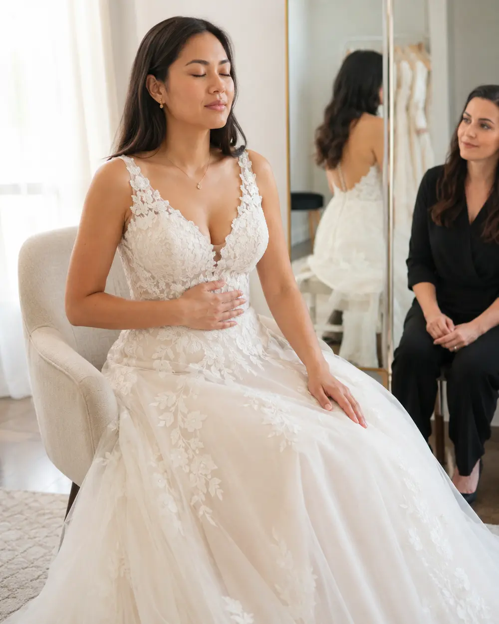 wedding-dress-sitting-breathing-test Bride testing breathing and sitting comfort in a wedding dress