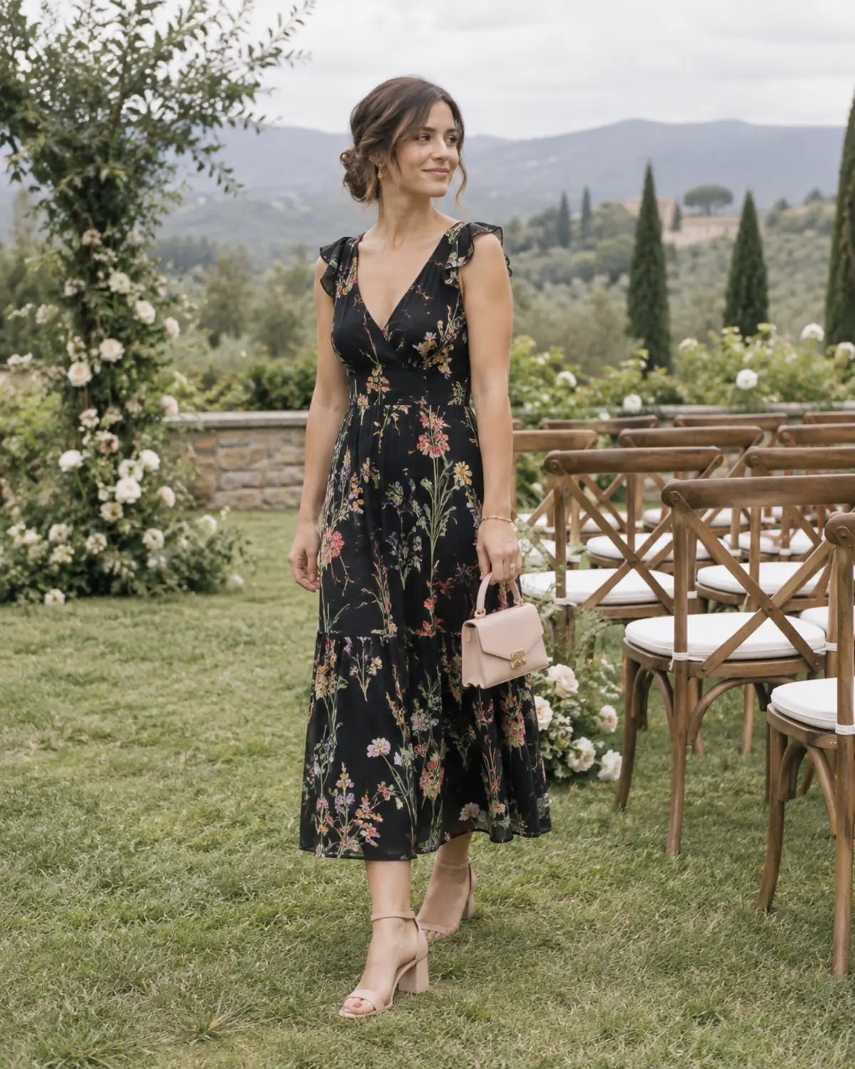Black botanical midi dress for a garden wedding