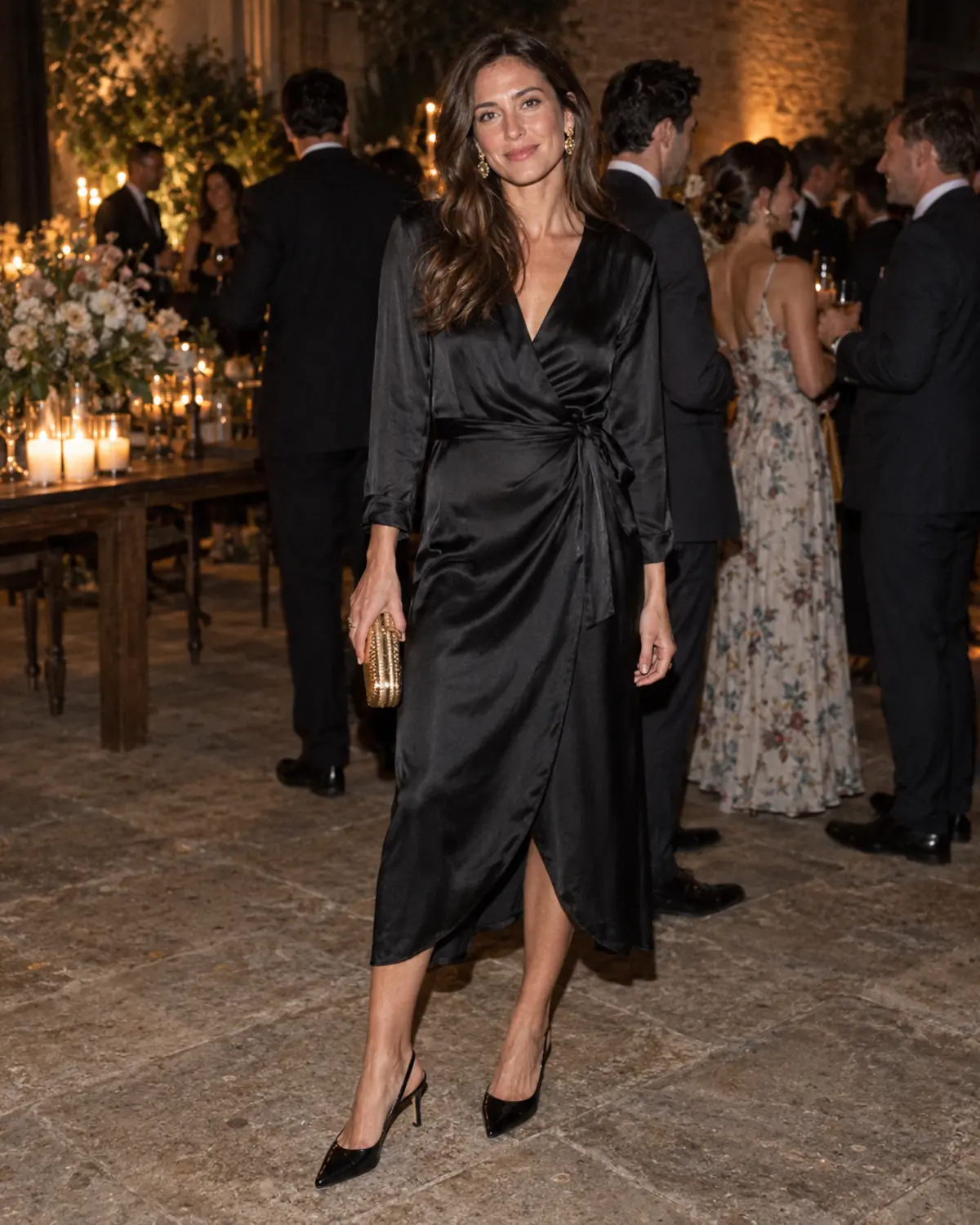 Black satin wrap midi wedding guest dress