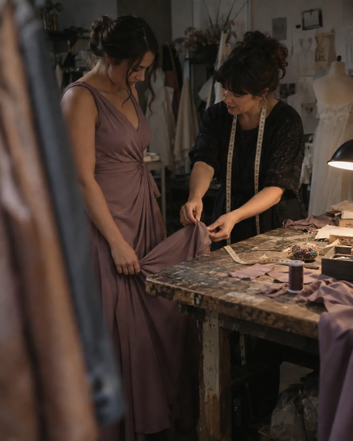 Bridesmaid discussing dress alterations and costs with a tailor.