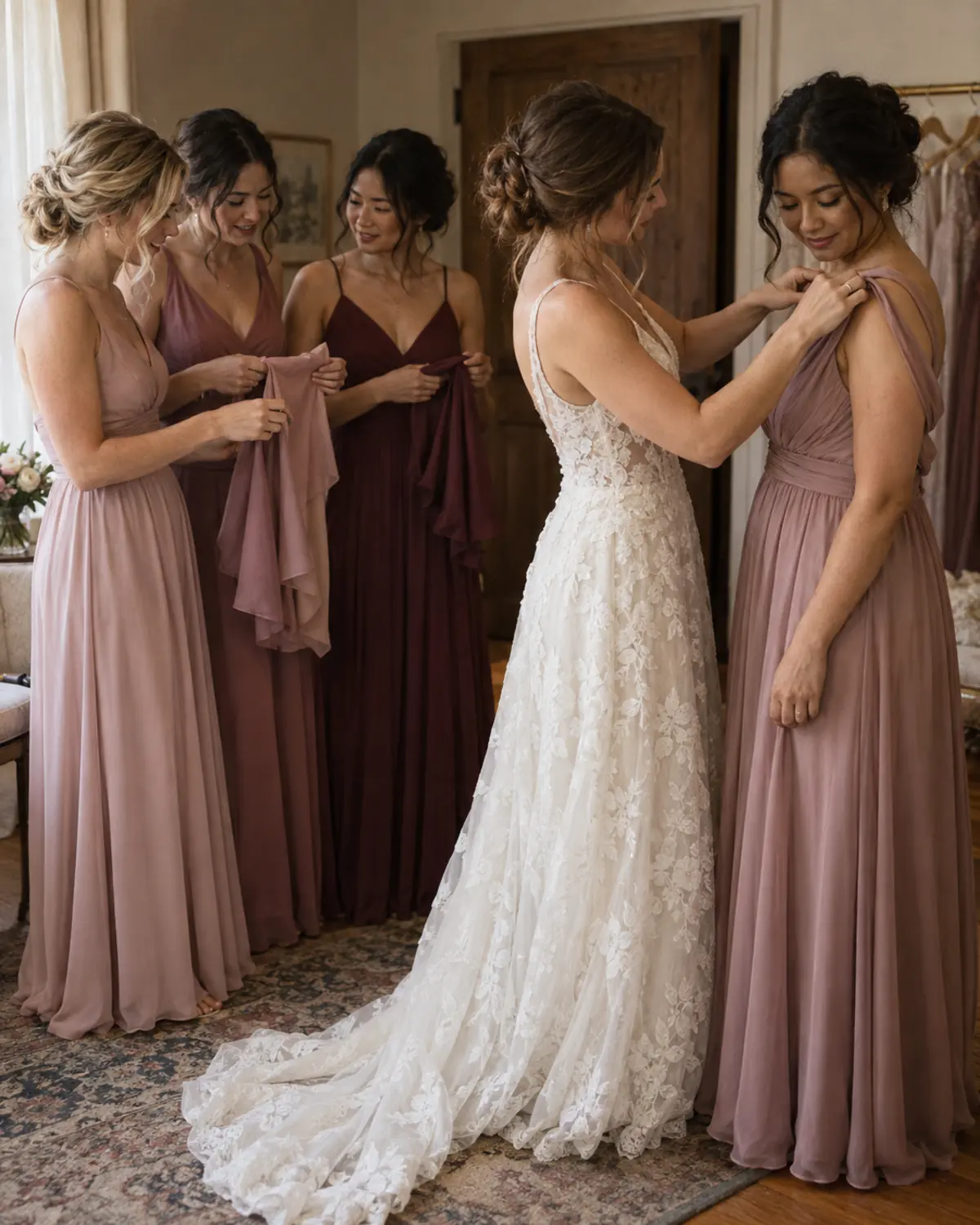 Bride reviewing coordinated mauve and dusty rose bridesmaid dresses during a fitting.