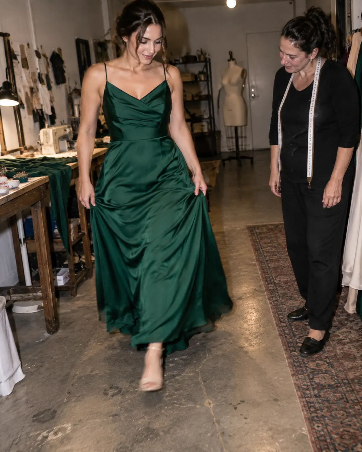 Bridesmaid testing the hem and movement of an emerald green dress after alterations.