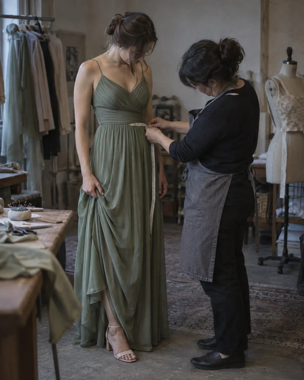 Tailor measuring the waist of a sage green bridesmaid dress at the first fitting.