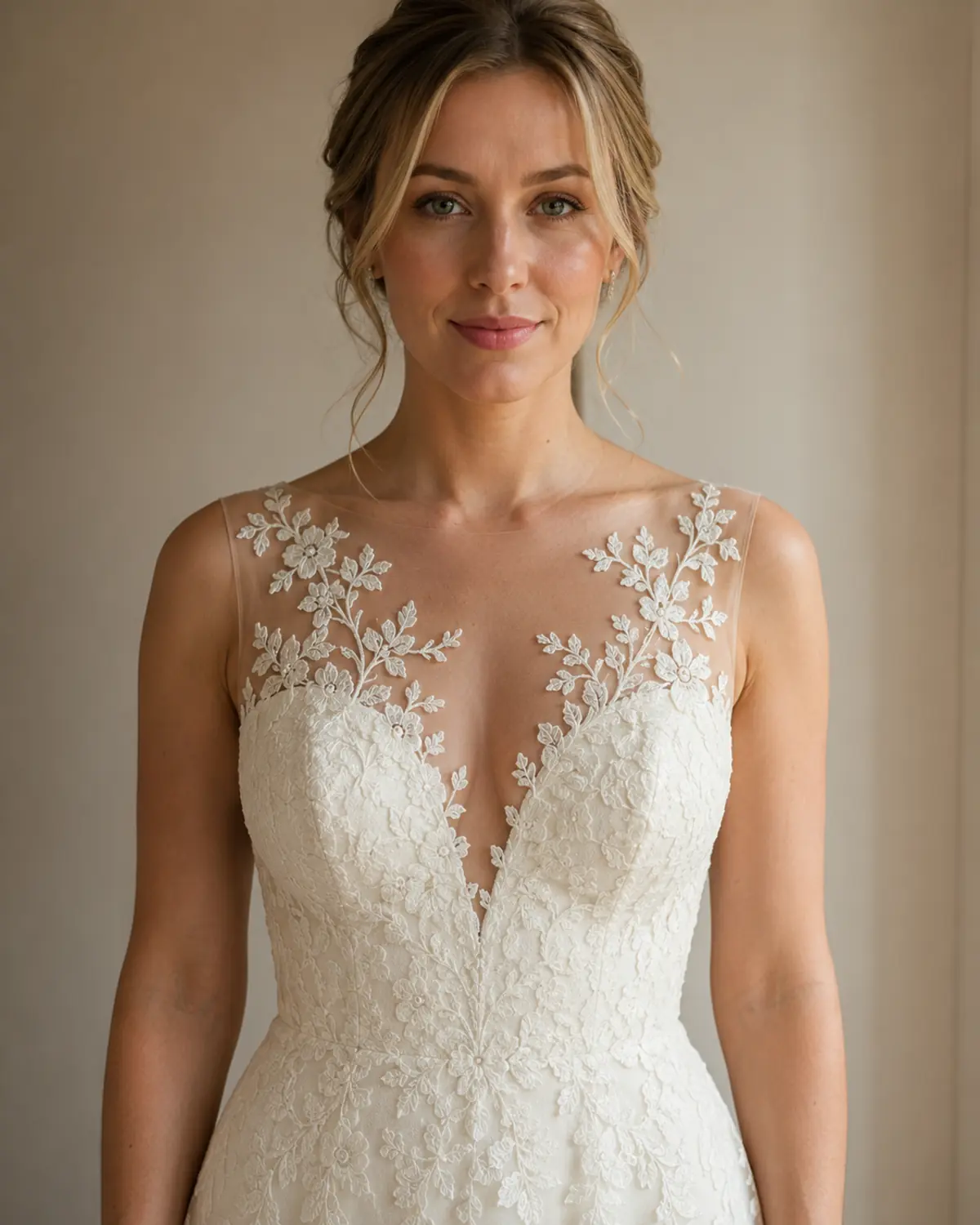 illusion-neckline-lace-wedding-dress Bride wearing a wedding dress with a sheer lace illusion neckline