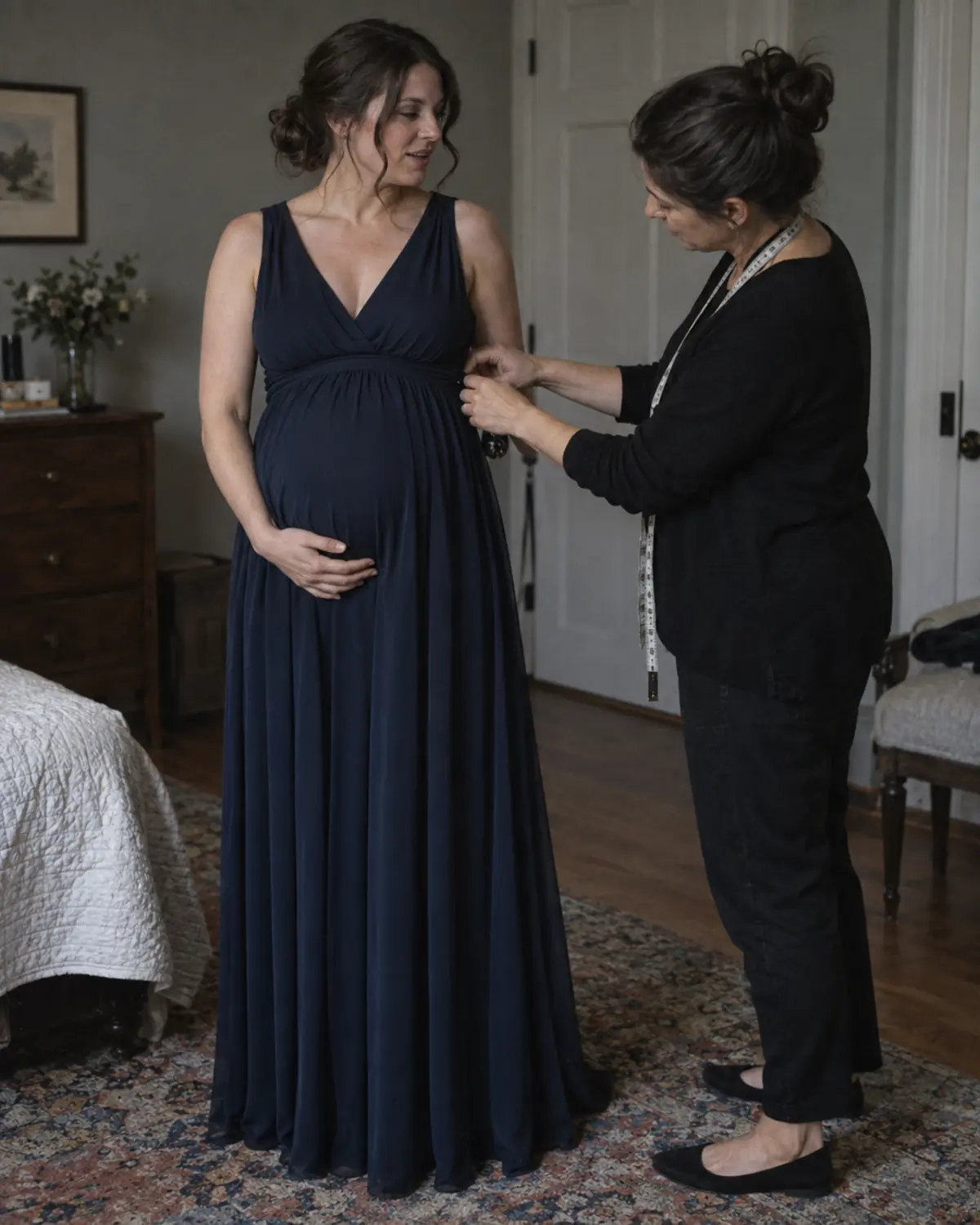 Pregnant bridesmaid having an empire-waist navy dress adjusted for comfort.