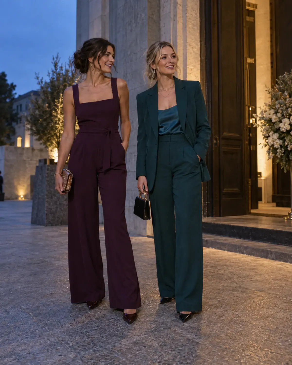 plum-jumpsuit-teal-pantsuit-wedding-guest Plum jumpsuit and teal pantsuit wedding guests