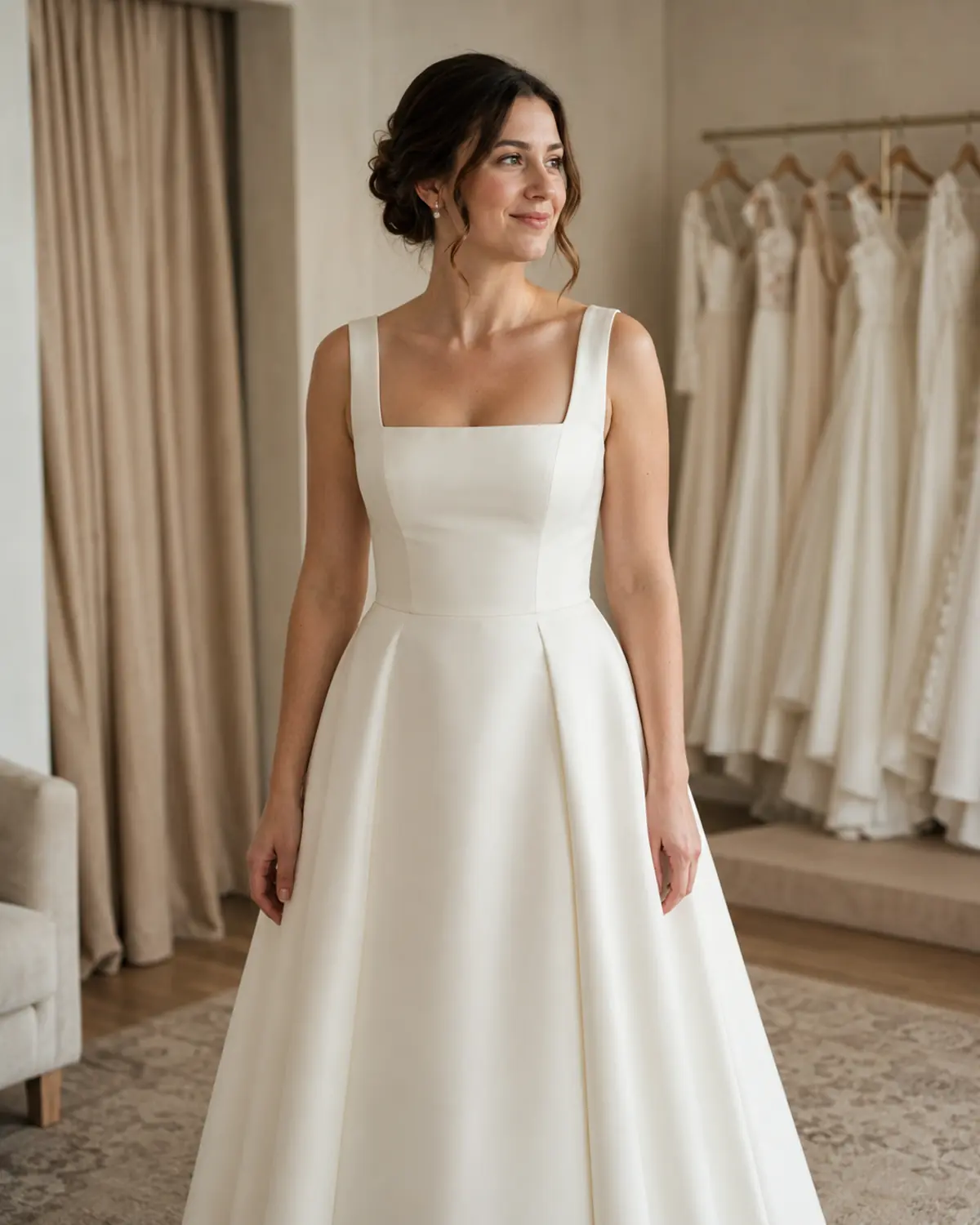 square-neckline-a-line-wedding-dress Bride wearing an A-line wedding dress with a structured square neckline