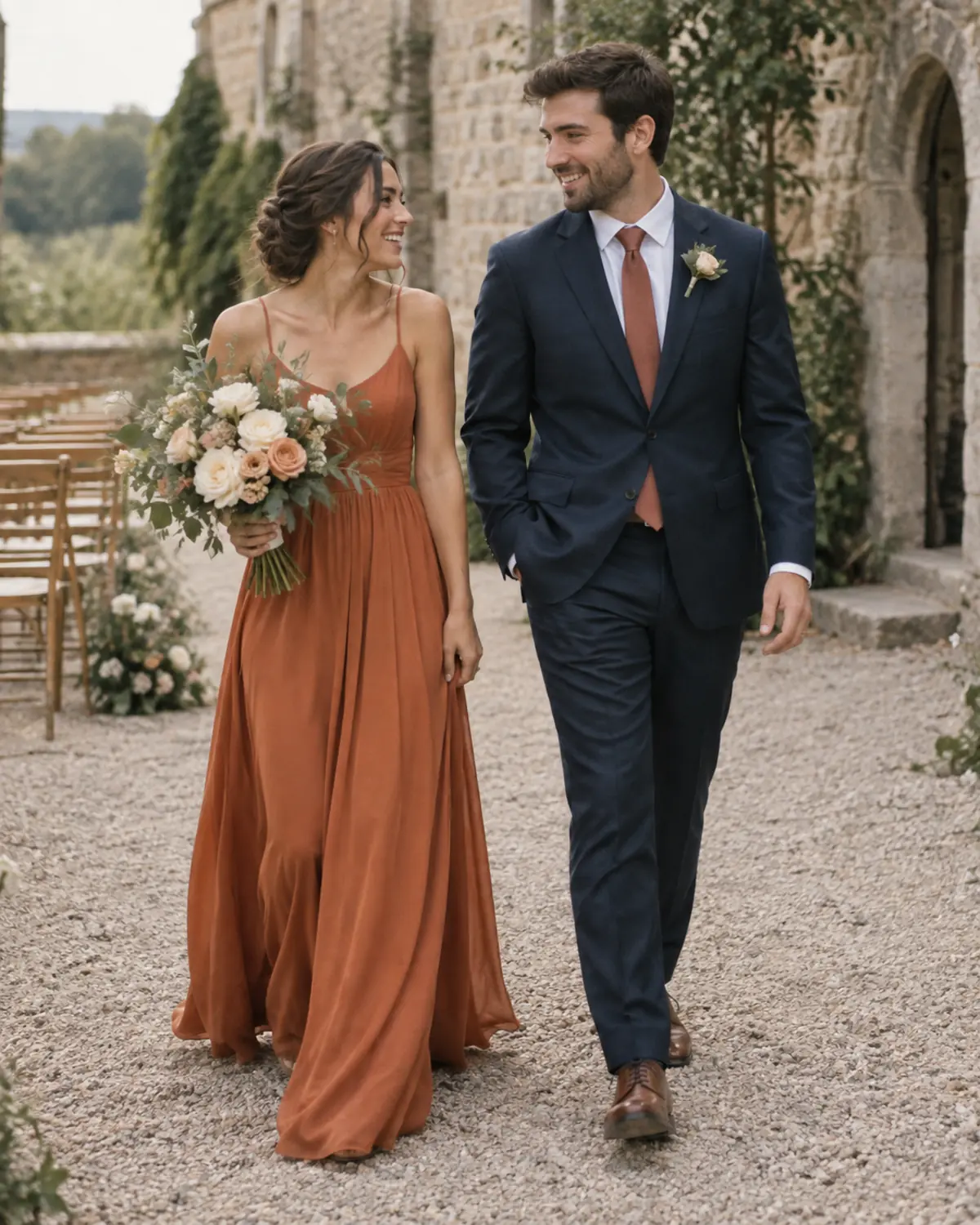 terracotta-bridesmaid-dress-navy-suit