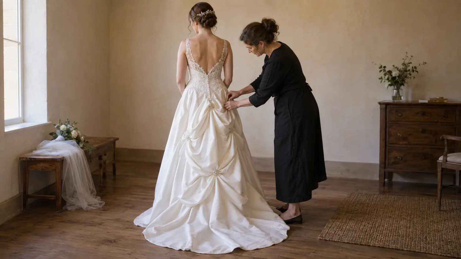 Wedding dress bustle seamstress adjustment