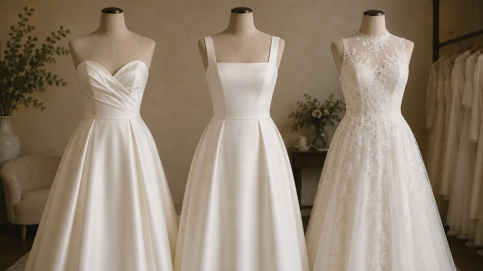 Sweetheart, square and high-neck wedding dresses displayed in a bridal boutique